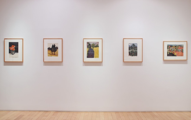 Photograph showing a view of an exhibition space with five framed paintings hanging on a white wall