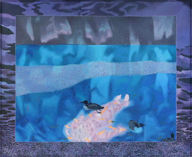 Surreal painting of a figure with a human body and a deer head lying in a body of water full of small fish, with ducks floating on top and a night sky overhead
