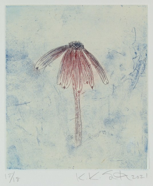 Etching of a small flower with wilting petals in red on a blue and white ground