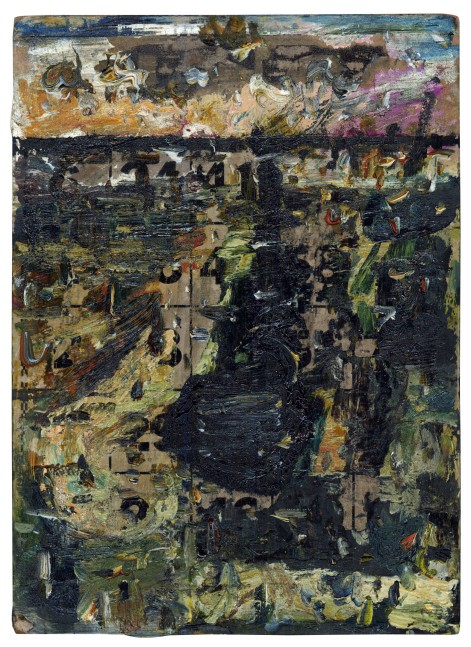 Abstract painting on paper consisting of swaths of black, yellow, white, blue and pink paint