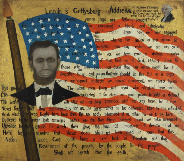 Folk art painting with a bust of Abraham Lincoln in the foreground, and an American Flag in the background overlaid with text from the Gettysburg Address