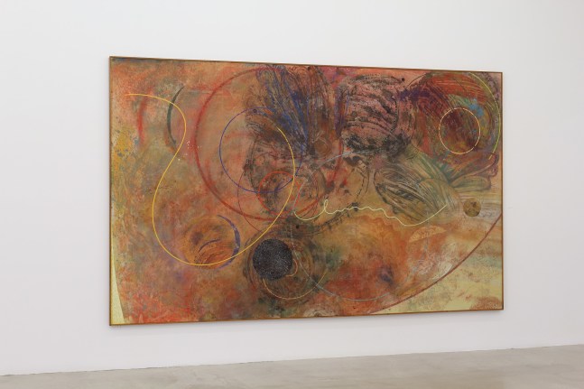 Photograph showing a view of an exhibition space, with one large painting hung on a white wall