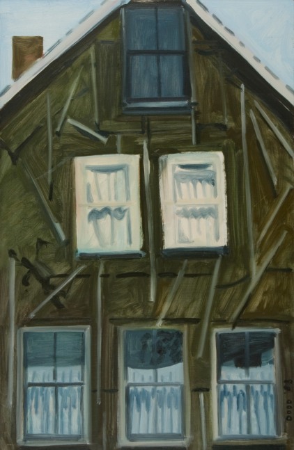 Painting of a brown building with six windows and a pale blue sky in the background