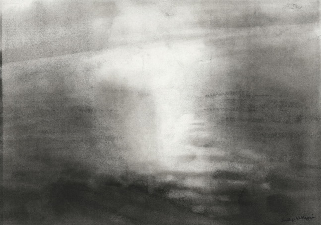 Charcoal landscape drawing of faint sunlight reflected on water