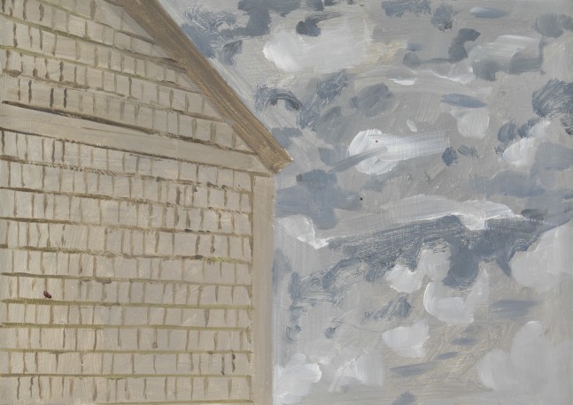 Painting of the side of a building and a grey, cloudy sky with the moon peeking out from behind the clouds