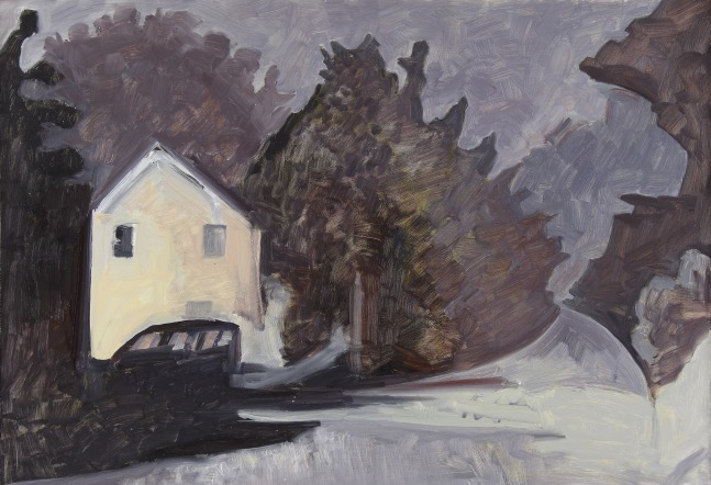 Painting of a small white building in a dark landscape