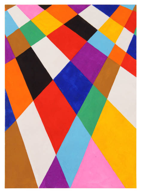 Geometric abstract painting with interlocking shapes in yellow, red, blue, fuchsia, pink, black, and orange