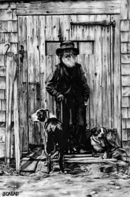 Realistic graphite drawing of a man with a hat and long white beard standing in front of a wooden building, flanked by two dogs