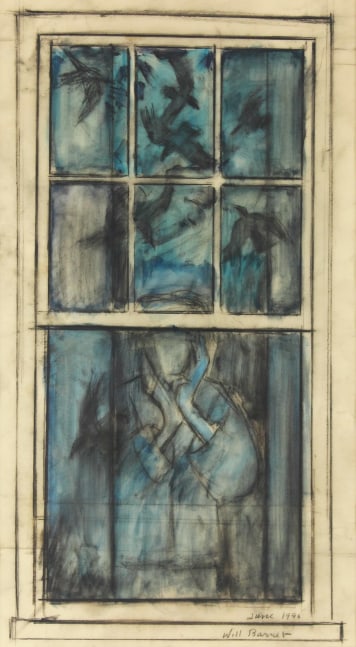 Watercolor drawing of a woman standing in a window looking out, with a flock of black birds reflected on the glass