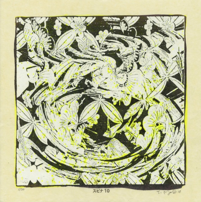 Woodcut with white and yellow abstracted flower forms on a black background