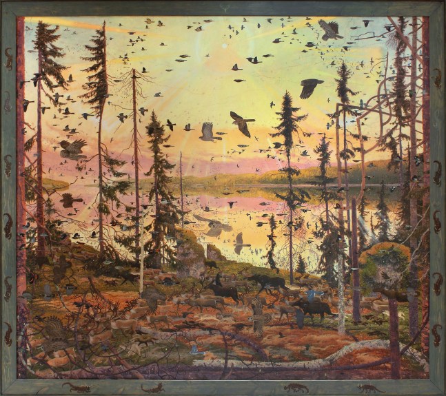 Painting of a surreal landscape with a menagerie of forest animals and birds migrating to the west through trees and logs, with a radiant sunrise over wetlands in the background