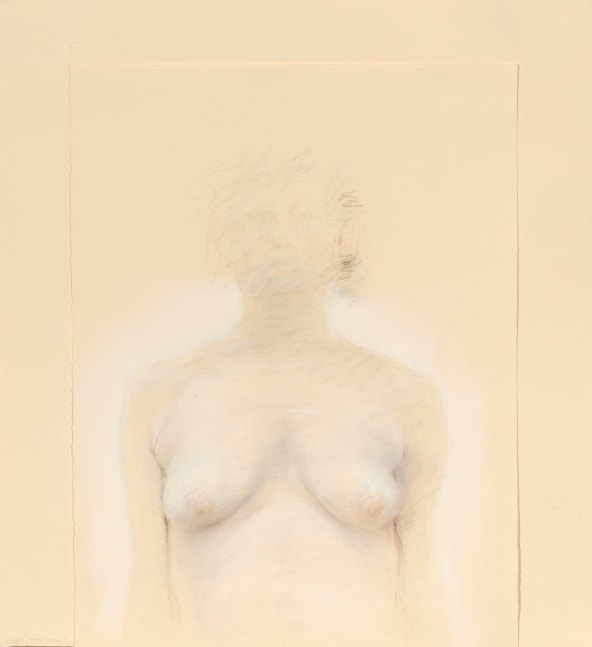 Pastel drawing of a nude figure from the waist up, blending into an atmospheric beige background