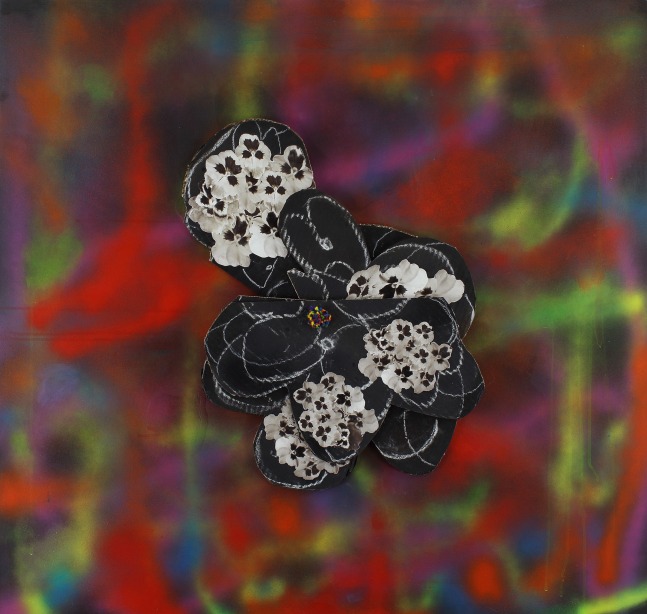 A black paper collage with white and black flowers in the middle of a red, purple, blue, and green abstract background