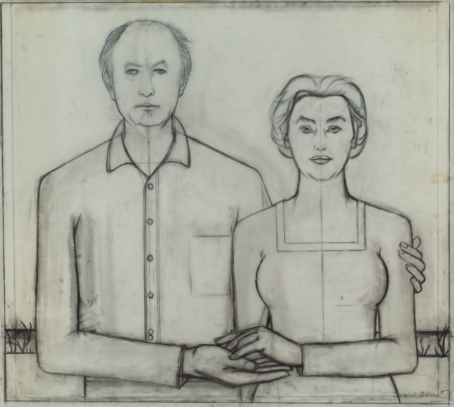 Painting of two figures, one with an arm around the other, holding hands in front