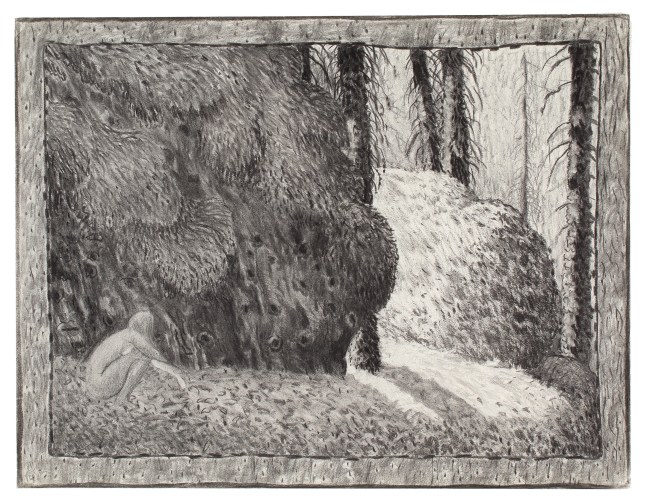 Charcoal drawing of a surreal forest scene with a nude figure crouching in the foreground