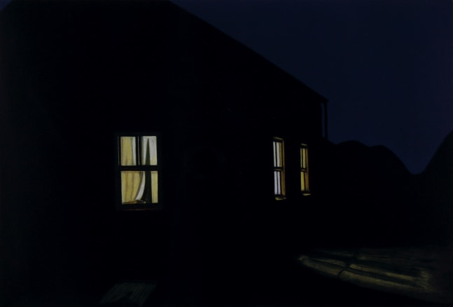 Painting of a house at night with three lighted windows