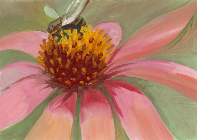 Painting of a close-up view of a pink flower, with a bee feeding from the center