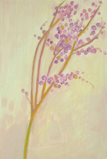 Painting of pink flowering plant with a pale pink sky in the background