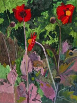Red Dahlias with Purple Leaves, 2004, oil on Masonite, 16 x 12 inches