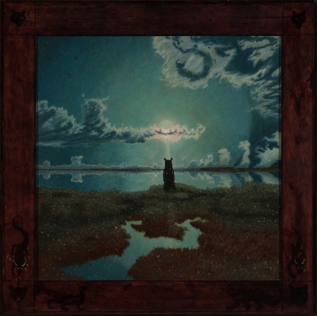 Painting of a nocturnal landscape, with a bear in the center looking out at the moon reflected over a body of water