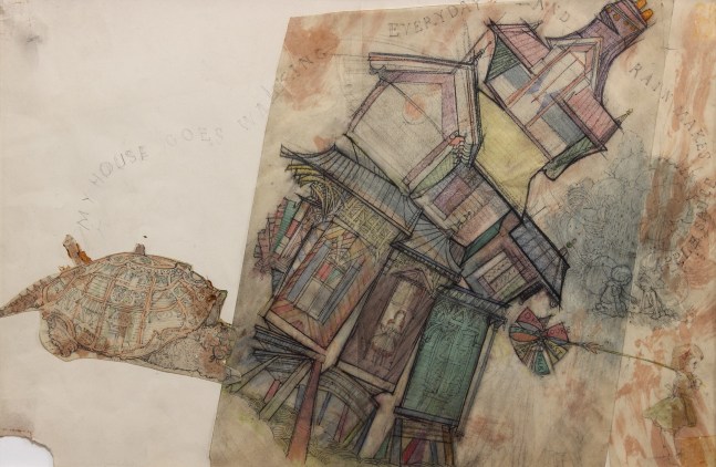 Drawing for a book illustration, with a whimsical house tilting to the left, being pushed by a giant turtle, with text that reads &quot;My house goes walking everyday - and rain makes applesauce.&quot;