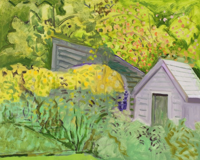Chicken House + Outhouse + Apple Tree, 2021, oil on Masonite, 13 x 16 3/16 inches