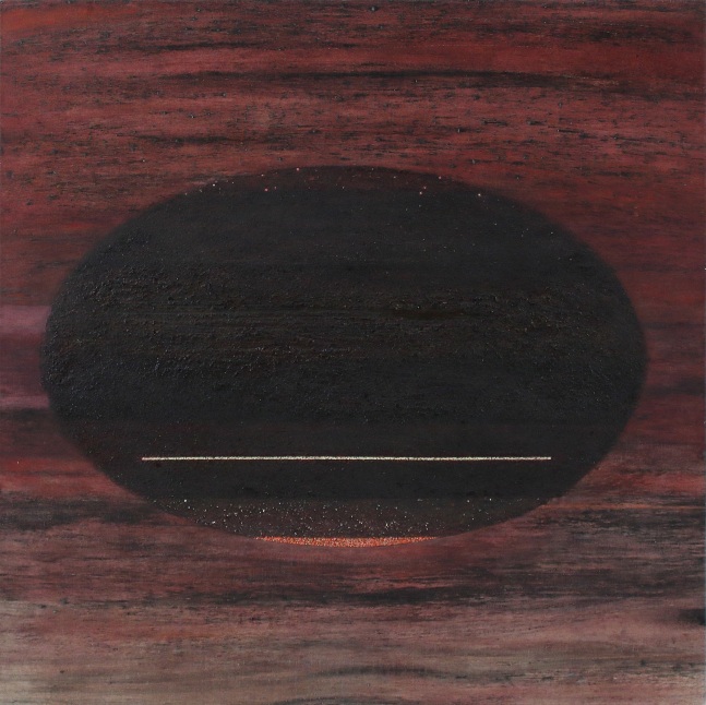 Abstract paintings with a black oval floating in the center of a maroon and black ground