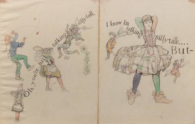 Drawing for a book illustration of several figures in whimsical outfits, with text that reads, &quot;Oh, you're just talking silly, silly talk. I know I'm talking silly talk... But-&quot;