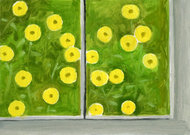 Yellow Flowers thru Window, 2010, oil on aluminum flashing, 5 x 7 inches
