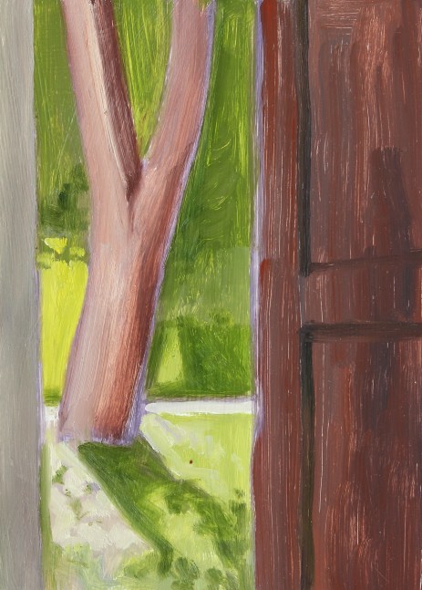 Painting of an open doorway looking out at a tree in the grass