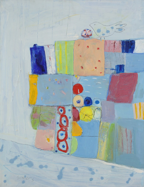 Painting with an abstracted bird figure standing on top of a geometric forms in blue, red, yellow and pink