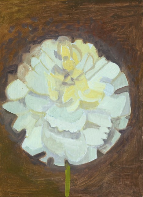 Painting of a large white flower centered on a brown ground