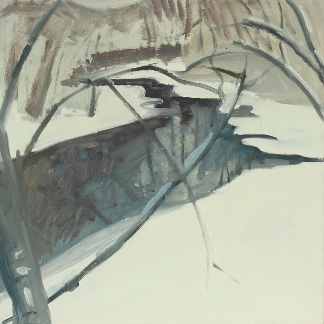 Painting of a winding river in a winter landscape