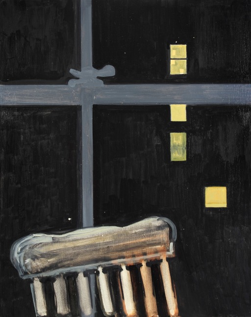 Painting of a view from an interior window at night, looking out at a dark building with four lighted windows, with the top of a chair in the foreground