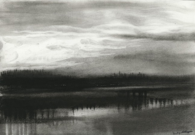 Charcoal landscape drawing of the sky and ocean at dawn or dusk, with dim sunlight coming through soft clouds and reflected off the water