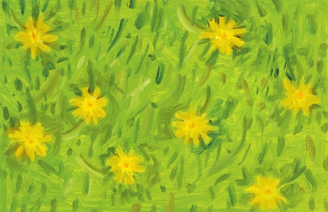 Painting of nine yellow flowers in a patch of green grass