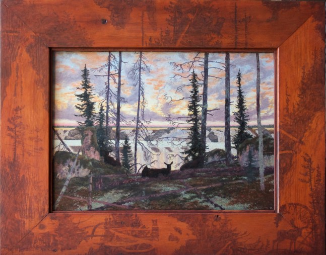 Painting of a forest landscape with three deer lying on the grass in the foreground and a waterfall in the background