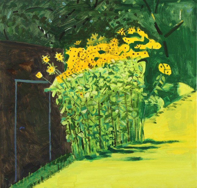Painting of a green landscape with a small building on the left side and a cluster of yellow flowering plants in the center