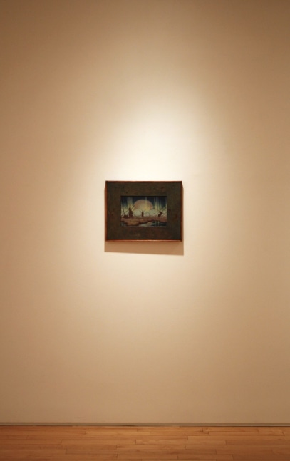 Photograph showing a view of an exhibition space, with one small framed painting hanging on a white wall