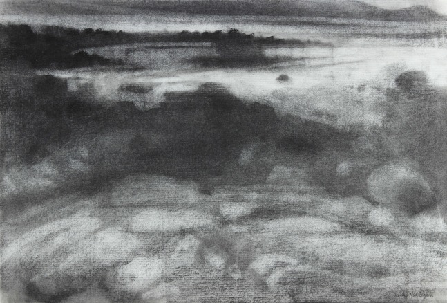 Charcoal landscape drawing of a dark, rocky shoreline meeting the sea