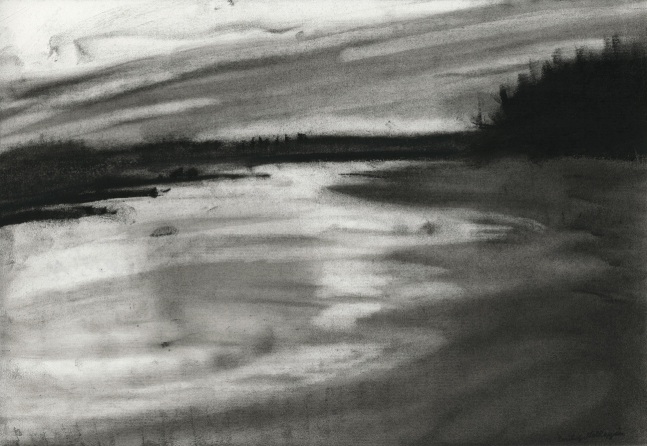 Charcoal landscape drawing of the sky and ocean at dawn or dusk, with dim sunlight coming through soft clouds and reflected off the water