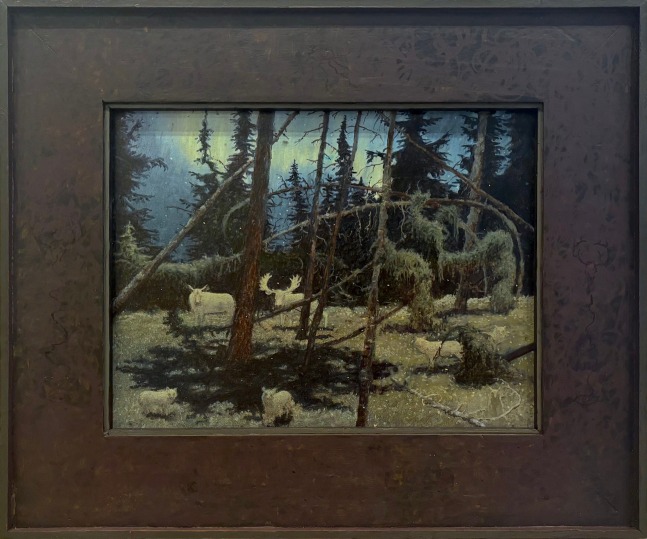 Tom Uttech, Oshki-Dibikad, 2025, oil on board, 14 x 17 inches, including artist&amp;#39;s hand painted frame
