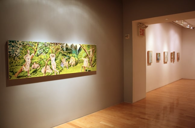 Photograph showing a view of an exhibition space, with one large painting hanging on a grey wall in the foreground, and six smaller framed paintings hanging on a white wall in the distance