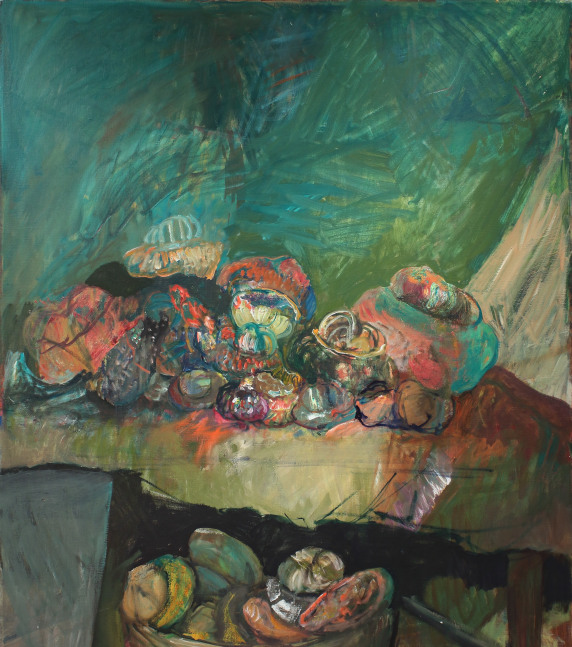 Expressionist painting of a table full of abstracted vegetal objects, with a basket of objects underneath
