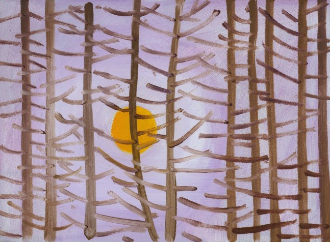 Painting of a yellow sun in a pink sky behind a group of brown trees