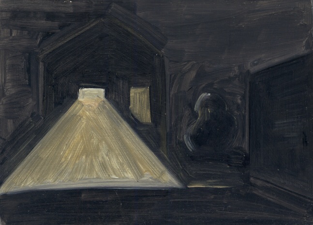 Painting of the outside of a building at night, with light streaming out from one window