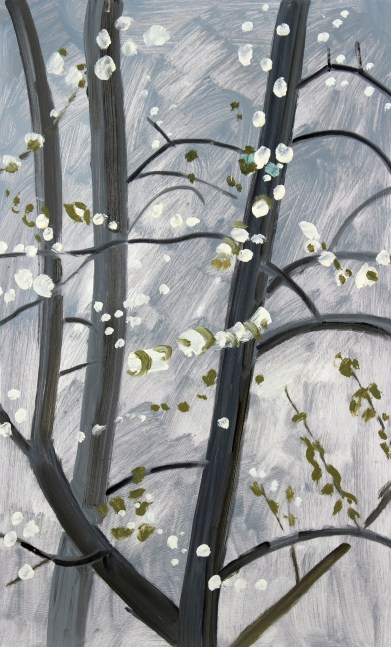 Painting of a tree with white flowers and a grey sky in the background
