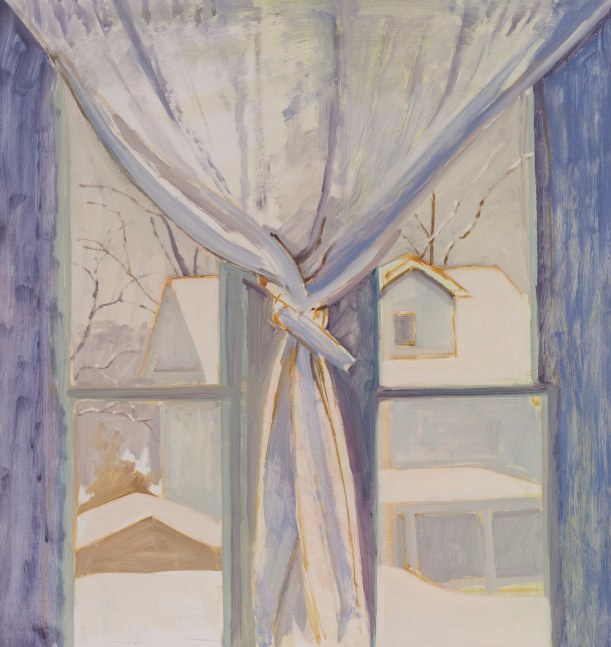 Painting of two interior windows with a white curtain between them, looking out at a building covered in snow