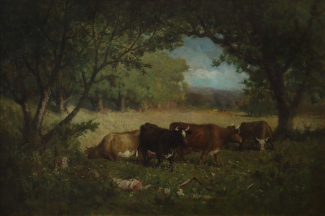 Landscape painting with four cows grazing in a grassy clearing, surrounded by dark trees and a patch of blue sky overhead