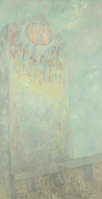 Atmospheric painting of the exterior of a church with a blue sky in the background